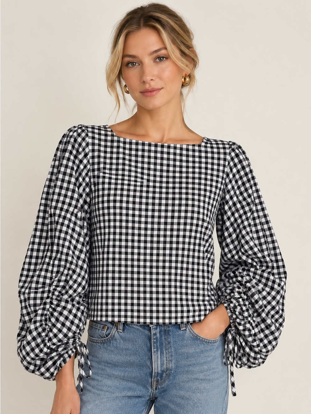 Tibi Black and White Gingham Women's Blouse with Ruched Sleeves